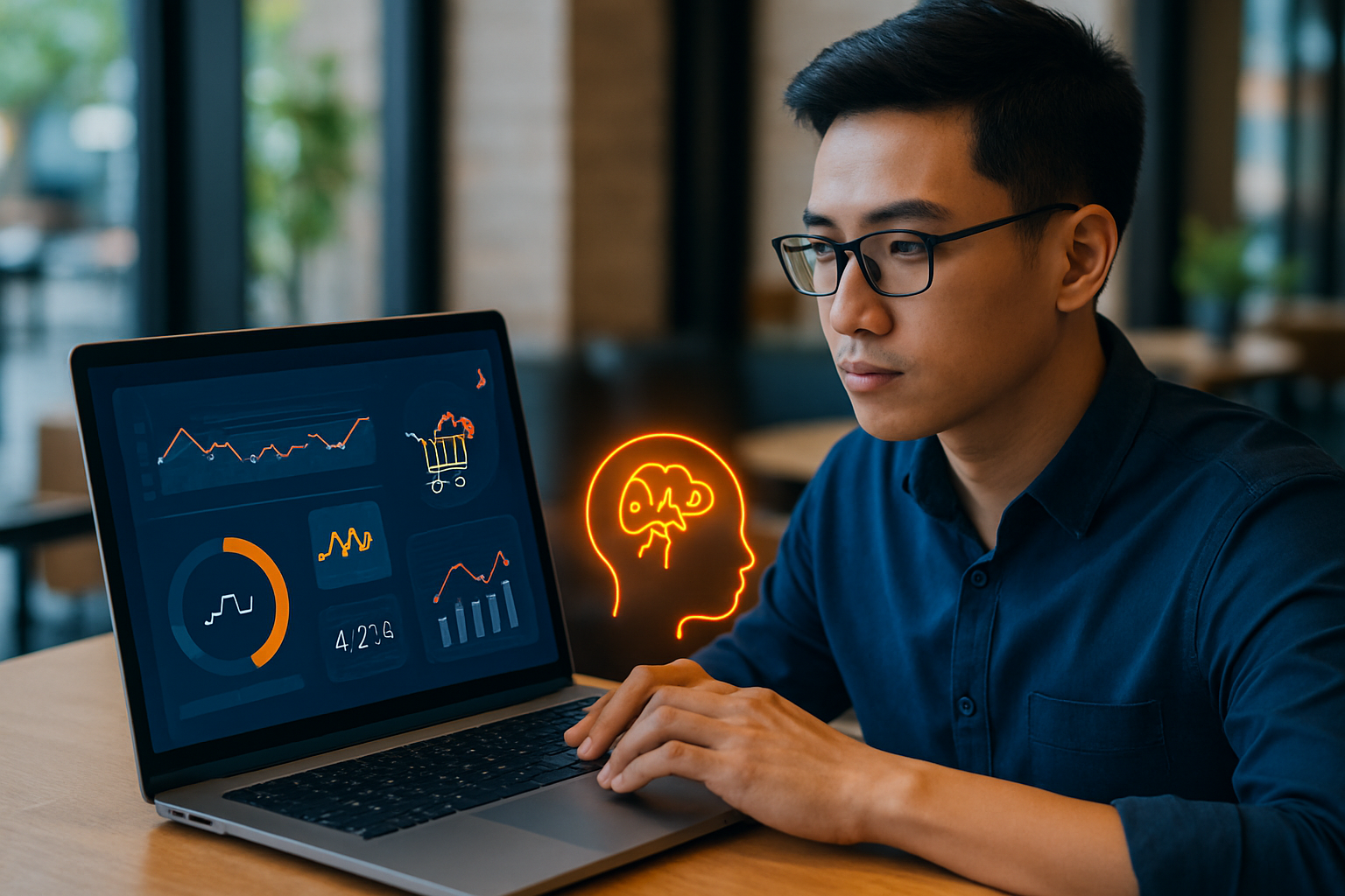 Dashboard minh họa hệ thống AI phân tích hành vi khách hàng trên sàn thương mại điện tử, với biểu đồ và các chỉ số conversion rate