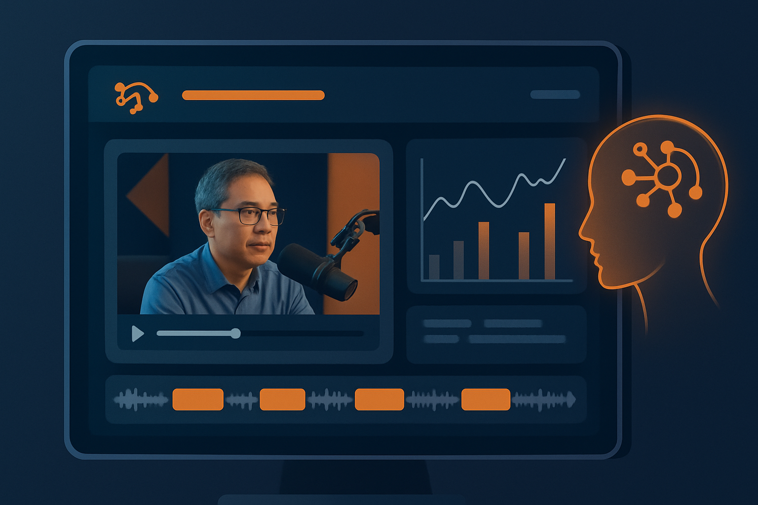 Giao diện dashboard của công cụ AI cắt video đang phân tích một video podcast, hiển thị timeline với các điểm highlight được đánh dấu tự động