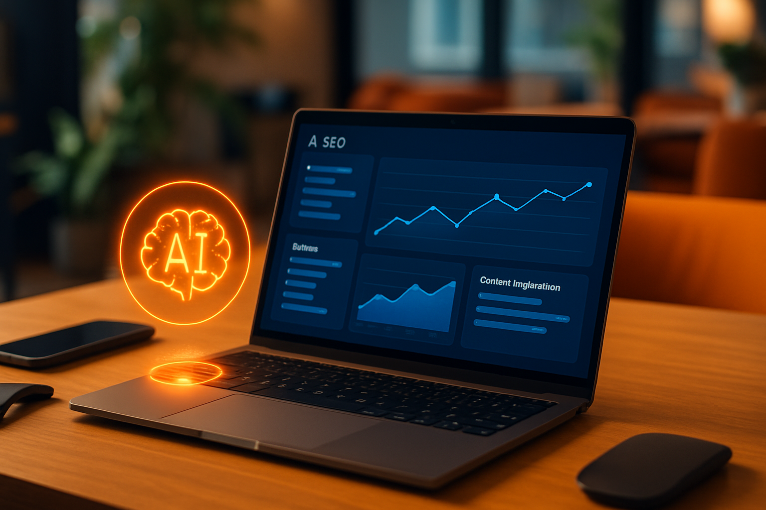 Dashboard công cụ AI SEO đang phân tích từ khóa và đề xuất nội dung, giao diện hiện đại với biểu đồ màu xanh dương