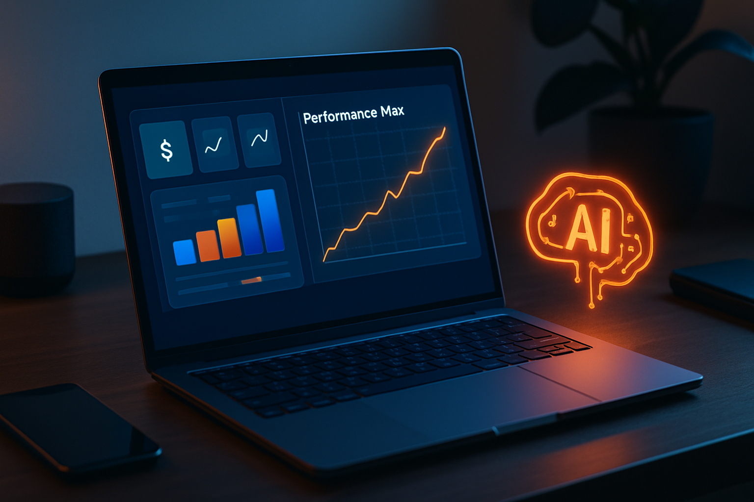 Dashboard Google Ads hiển thị các chỉ số tự động tối ưu bởi AI, giao diện Performance Max với biểu đồ chuyển đổi tăng trưởng