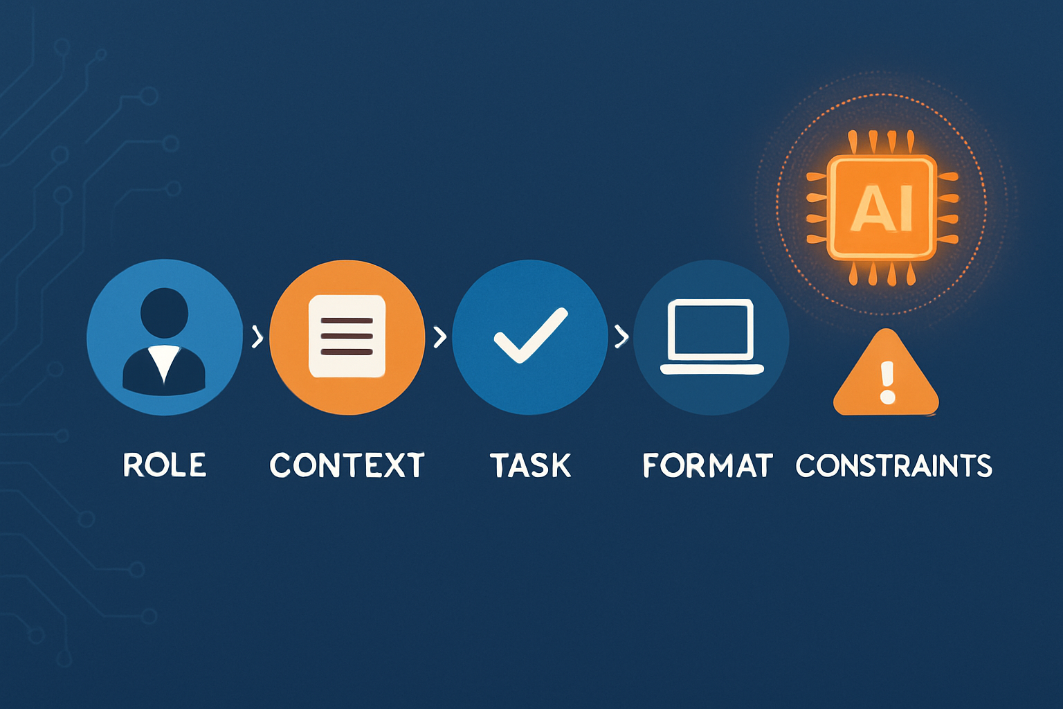 Infographic minh họa công thức 5 bước viết prompt AI (Role - Context - Task - Format - Constraints) với icon rõ ràng