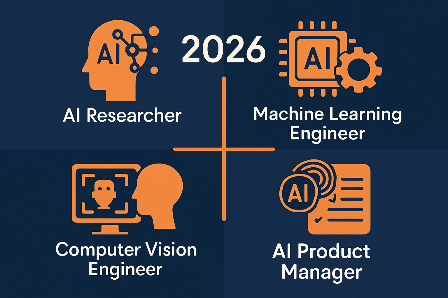 Infographic minh họa các vị trí nghề AI phổ biến năm 2026 với biểu tượng và mô tả ngắn gọn