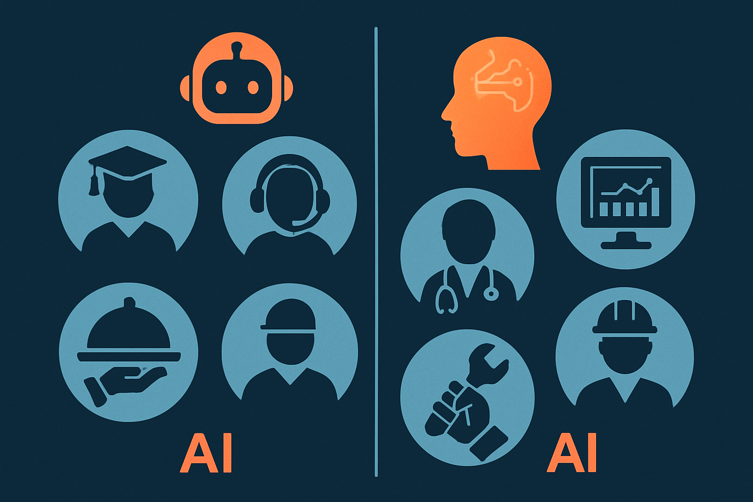 Infographic so sánh công việc bị AI thay thế vs công việc AI hỗ trợ, minh họa bằng biểu đồ hoặc icon ngành nghề phổ biến tại Việt Nam