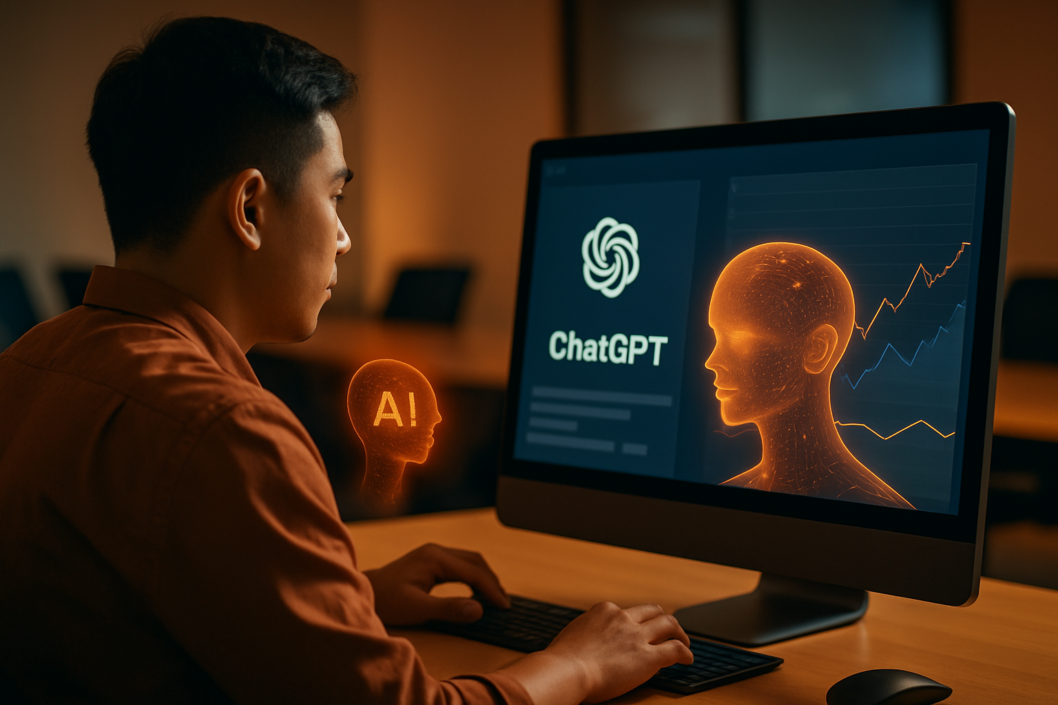 Một chuyên gia đang làm việc với màn hình hiển thị giao diện ChatGPT và biểu đồ, thể hiện sự kết hợp con người - AI