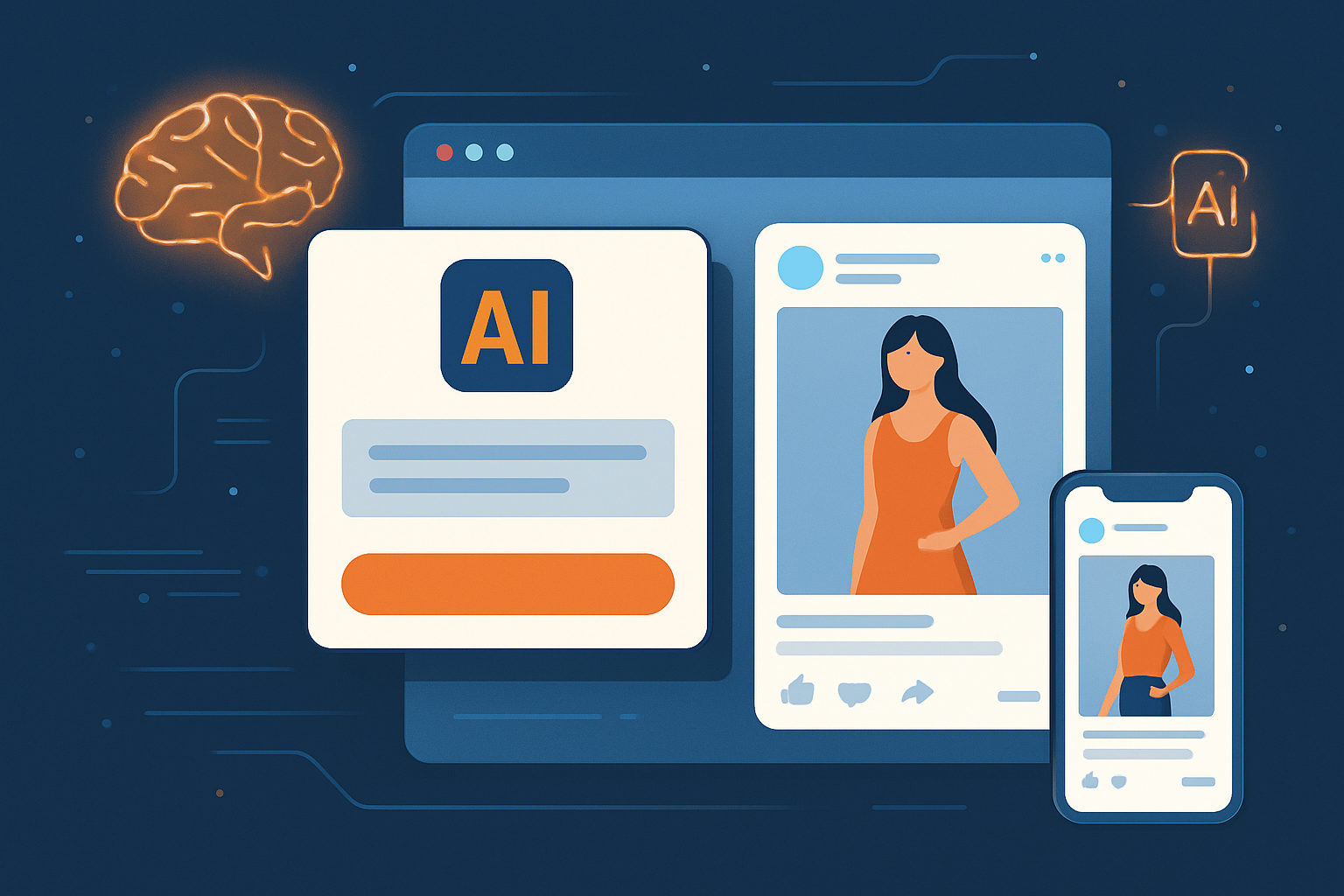 Minh họa giao diện công cụ AI tạo caption mạng xã hội với ví dụ bài đăng Facebook cho shop thời trang