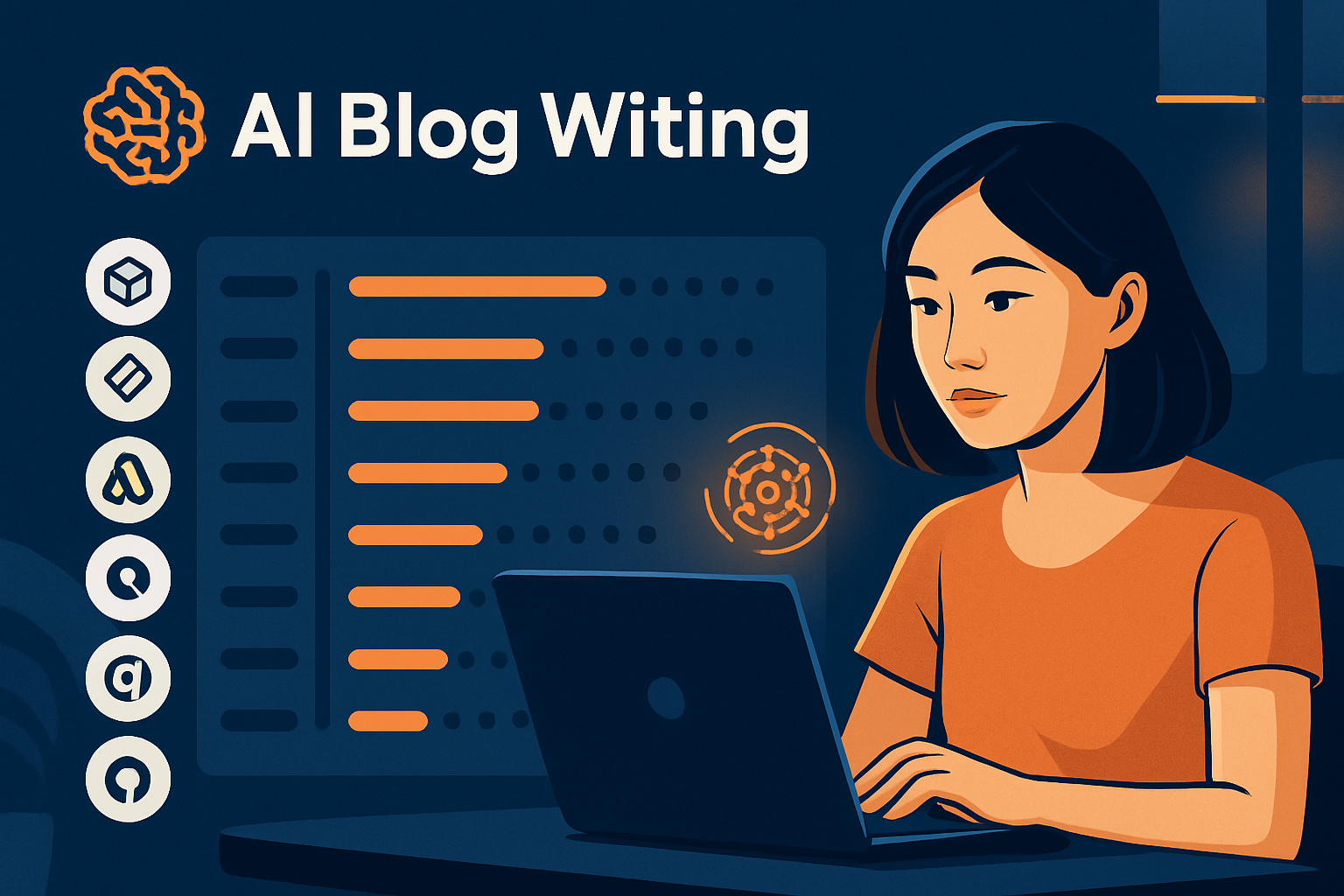 Infographic so sánh 7 công cụ AI viết blog với biểu đồ tính năng và điểm mạnh của từng công cụ