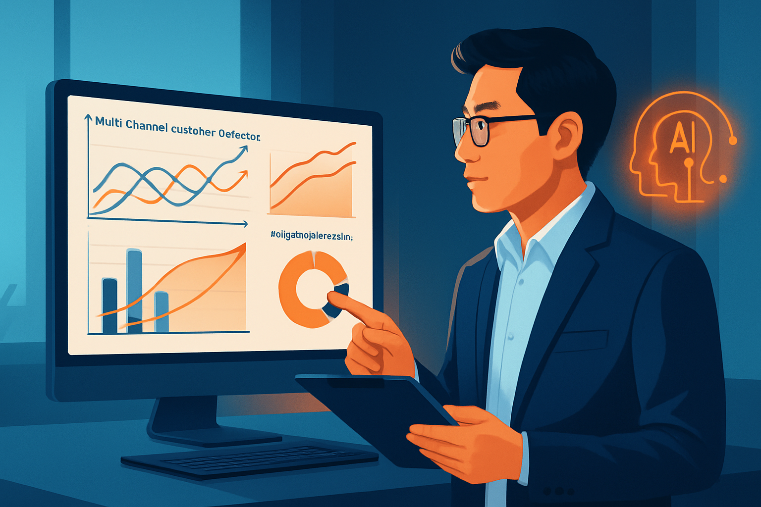 Dashboard AI Marketing Analytics hiển thị biểu đồ phân tích hành vi khách hàng đa kênh, dự báo chuyển đổi và đề xuất tối ưu ngân sách