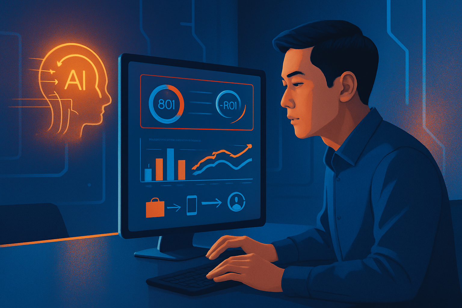 Dashboard AI Marketing Analytics hiển thị biểu đồ phân tích hành vi khách hàng đa kênh với các chỉ số ROI, conversion rate, customer journey