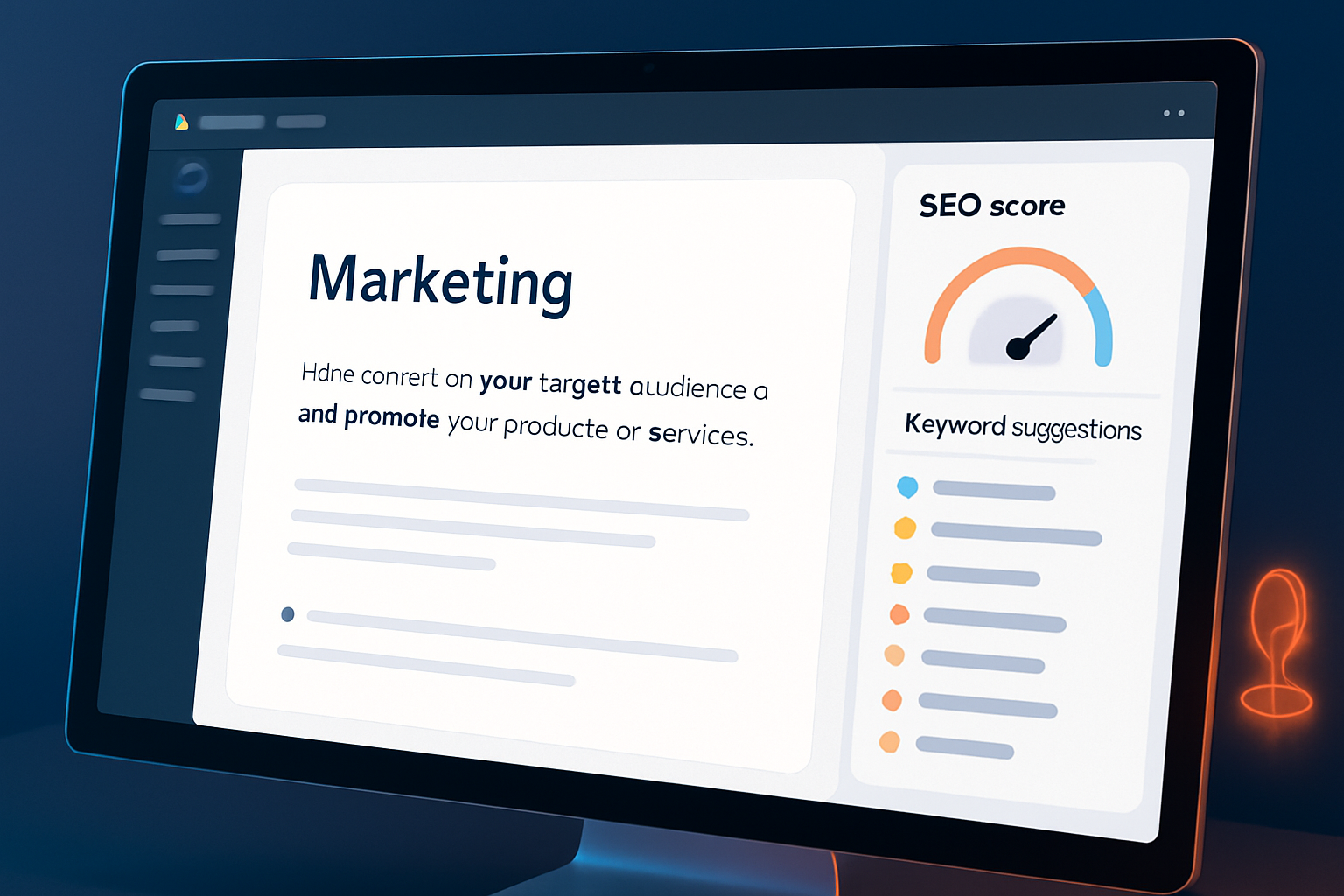 Screenshot giao diện Jasper AI đang viết một bài blog về marketing, hiển thị thanh SEO score và các gợi ý từ khóa bên cạnh
