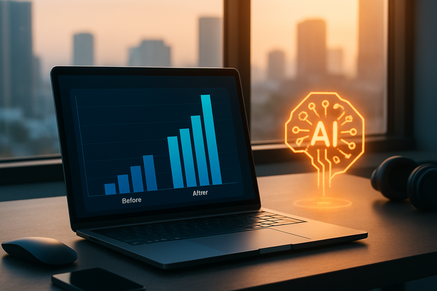 Dashboard so sánh năng suất content trước và sau khi dùng AI, biểu đồ cột màu xanh tăng trưởng rõ rệt