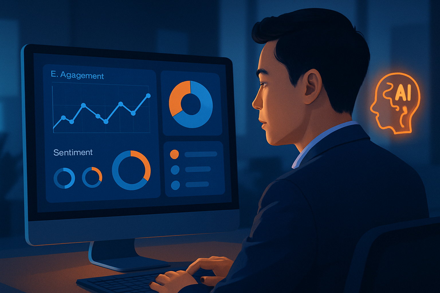 Dashboard minh họa giao diện công cụ AI phân tích Social Media với biểu đồ engagement, sentiment và đề xuất hành động