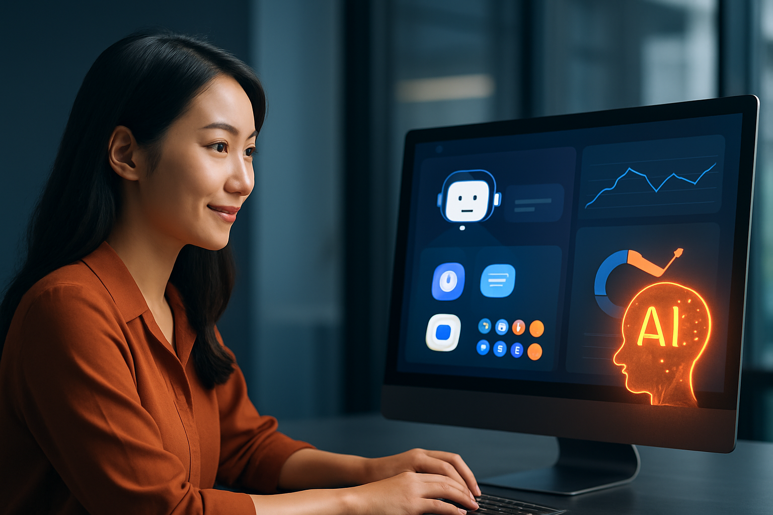 Dashboard AI chatbot đang trả lời khách hàng trên nhiều kênh – Messenger, Zalo, website – với biểu đồ thời gian phản hồi và tỷ lệ hài lòng