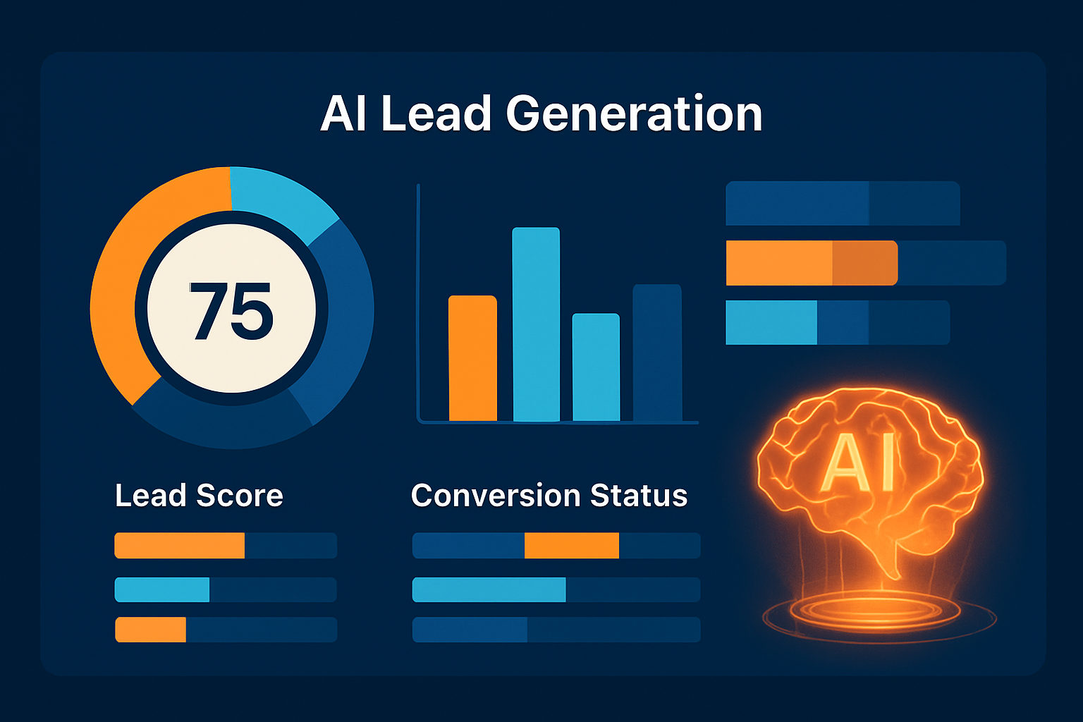 Dashboard AI Lead Generation hiển thị biểu đồ phân loại lead theo điểm số, kênh nguồn và trạng thái chuyển đổi