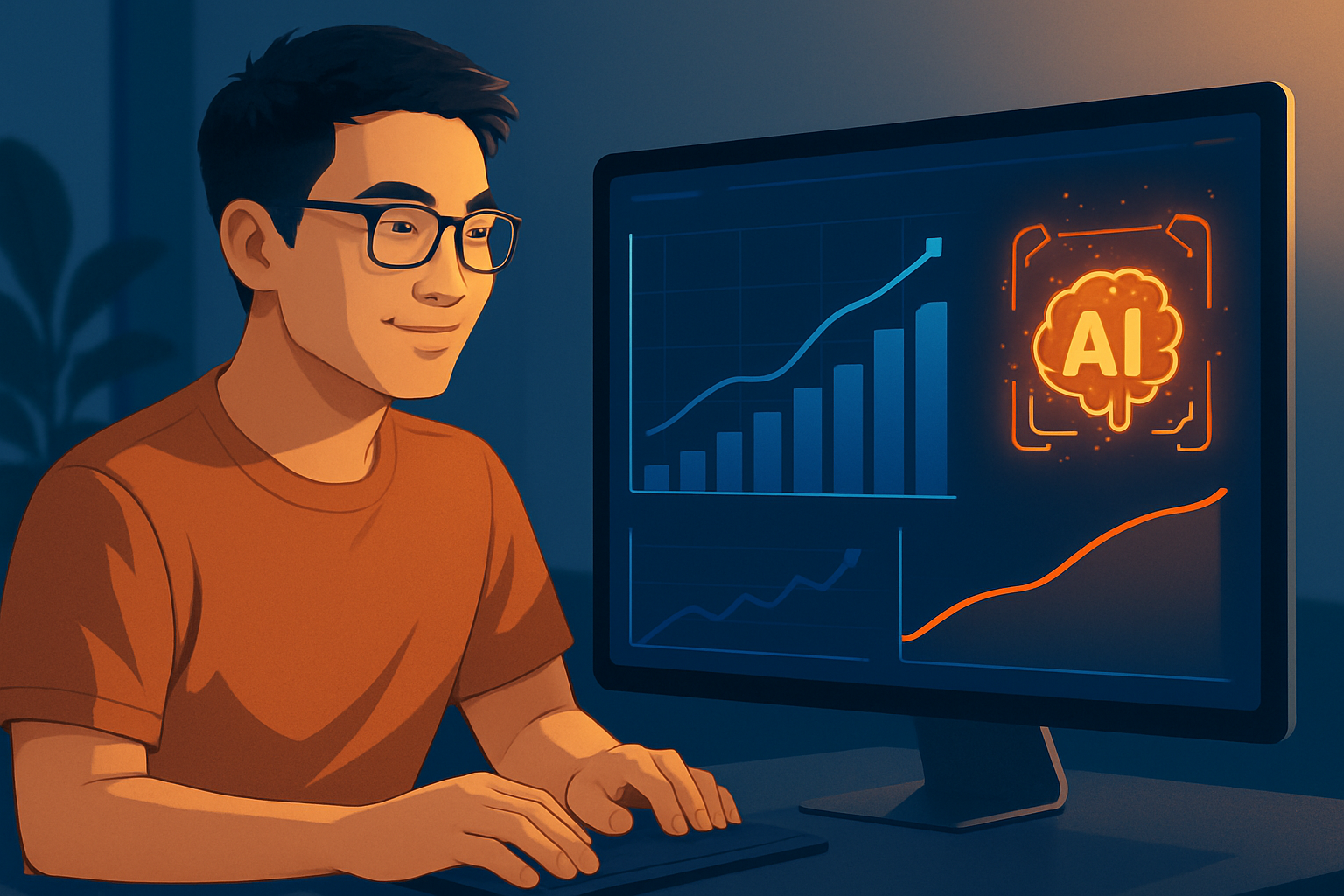 Dashboard AI Marketing hiển thị biểu đồ tăng trưởng lead và tỷ lệ chuyển đổi theo thời gian thực