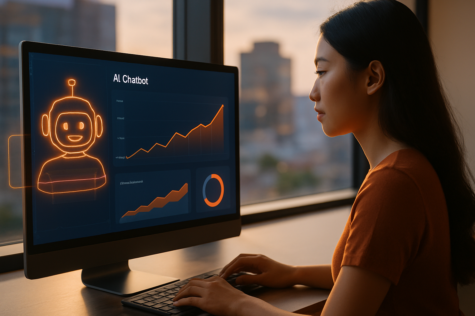 Dashboard AI chatbot hiển thị số liệu tương tác khách hàng, biểu đồ tăng trưởng conversion rate và thời gian phản hồi trung bình