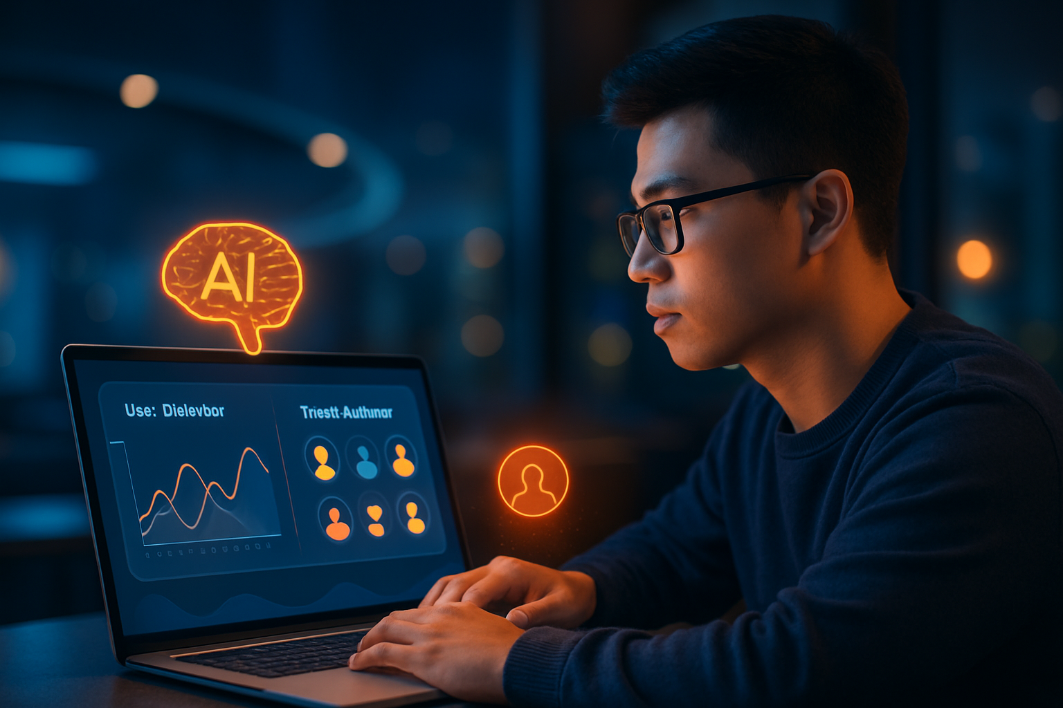Dashboard phân tích AI hiển thị biểu đồ hành vi người dùng và gợi ý đối tượng mục tiêu trên màn hình laptop