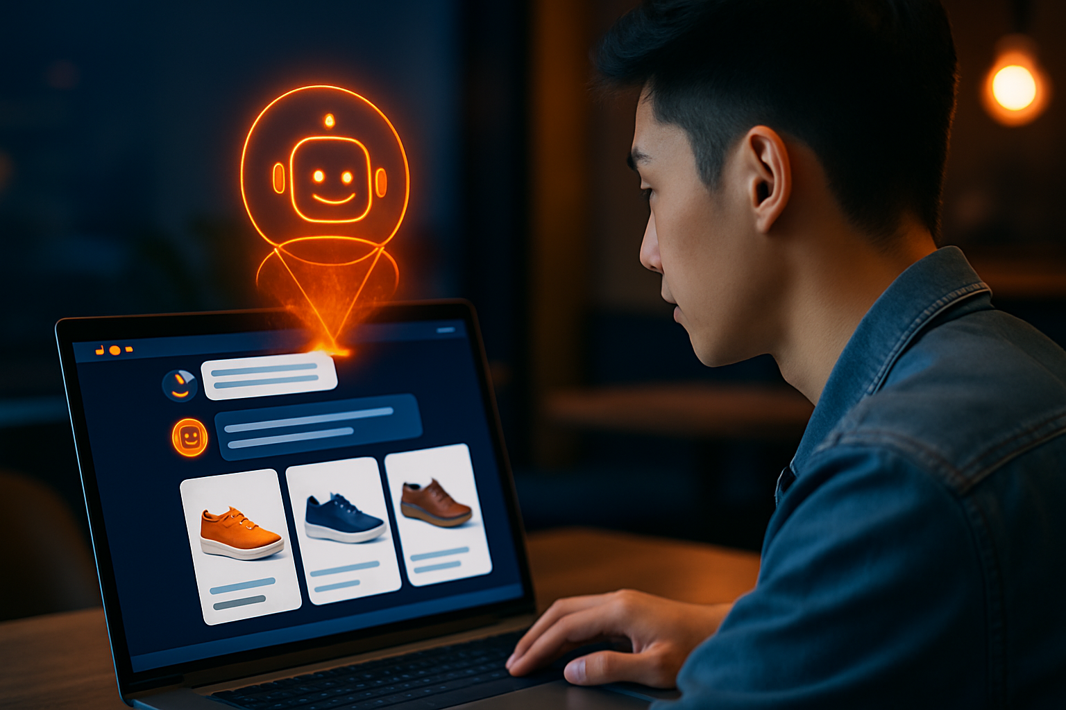 Giao diện chatbot AI đang tương tác với khách hàng trên website thương mại điện tử, hiển thị các câu trả lời tự động và gợi ý sản phẩm