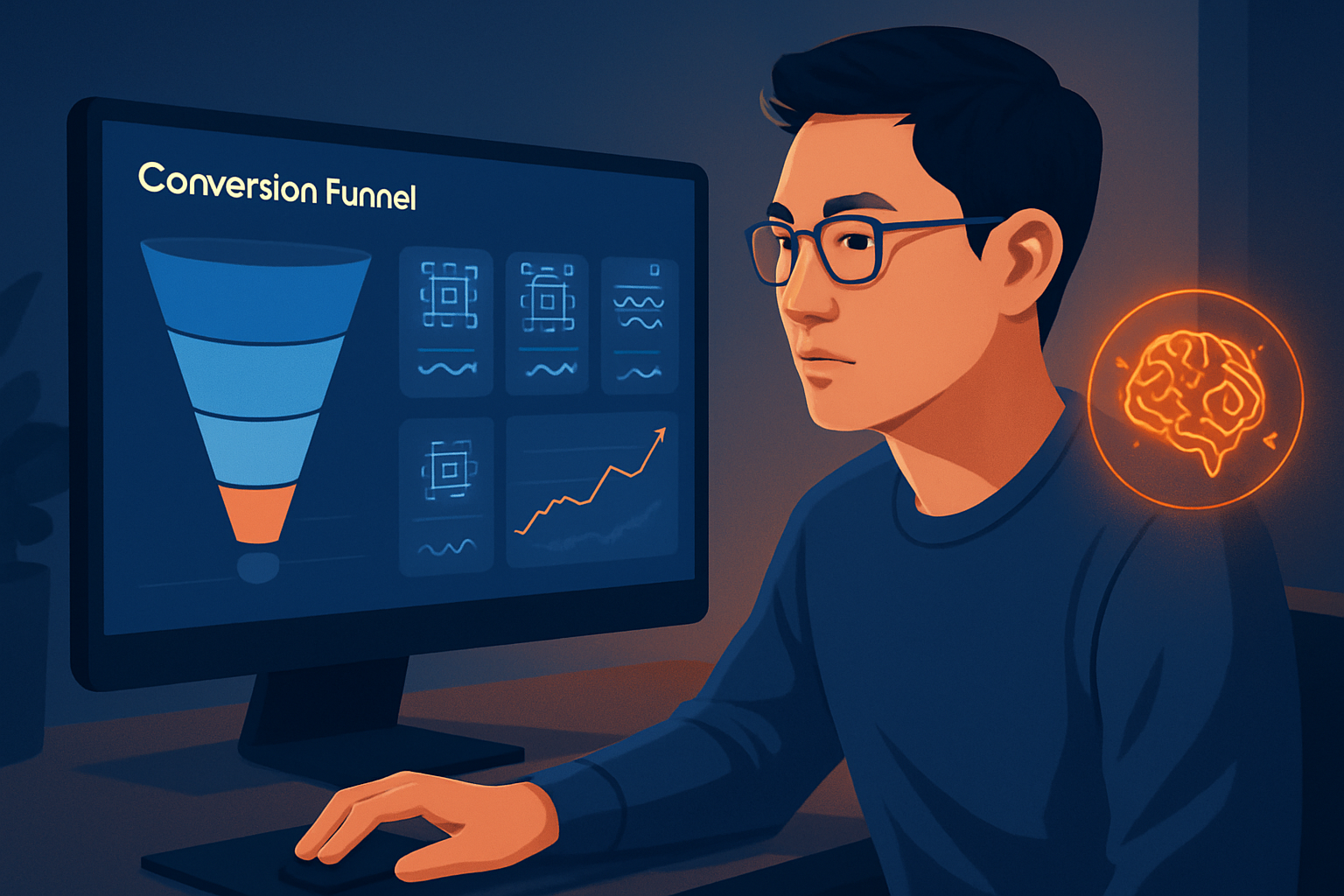 Dashboard phân tích conversion funnel với các chỉ số AI tracking theo thời gian thực, giao diện hiện đại có biểu đồ tăng trưởng