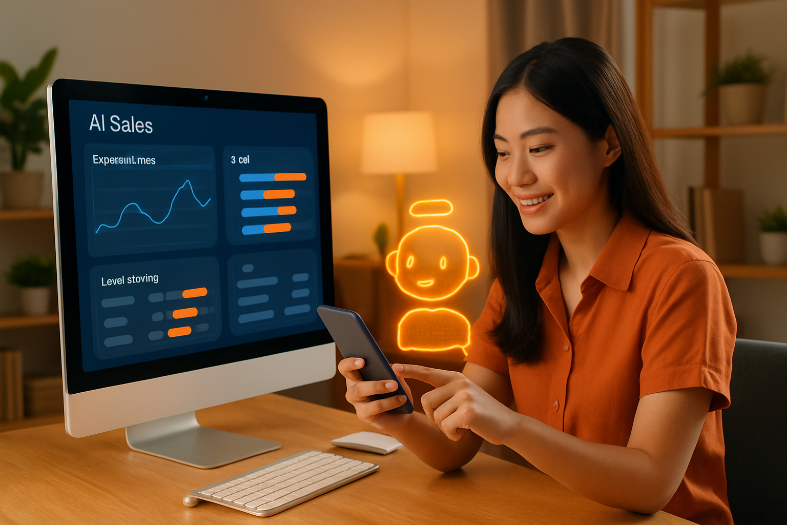 Dashboard AI Sales hiển thị biểu đồ tỷ lệ chuyển đổi, danh sách lead được chấm điểm theo độ nóng, giao diện chatbot tương tác với khách hàng