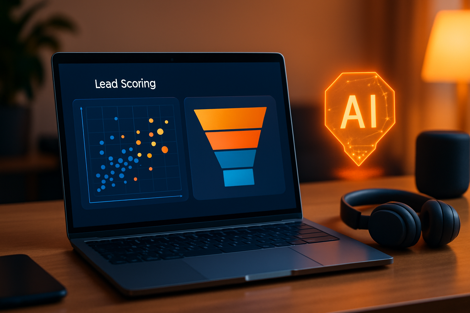 Dashboard AI phân tích lead theo điểm số (lead scoring) và giai đoạn phễu, giao diện trực quan với biểu đồ màu sắc