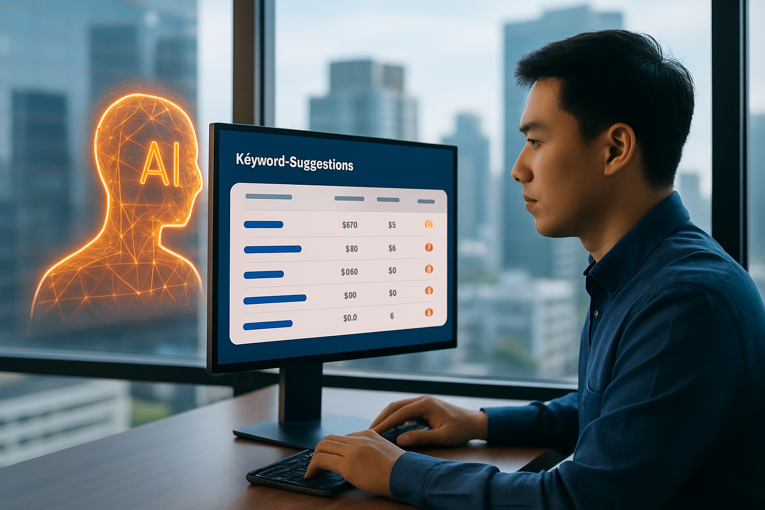 Screenshot giao diện một công cụ AI phân tích từ khóa đang hiển thị danh sách keyword suggestions với cột search volume, difficulty và intent