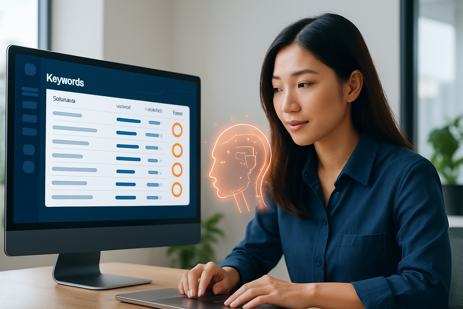 Dashboard của công cụ AI nghiên cứu từ khóa hiển thị danh sách từ khóa gợi ý, volume, độ khó và intent