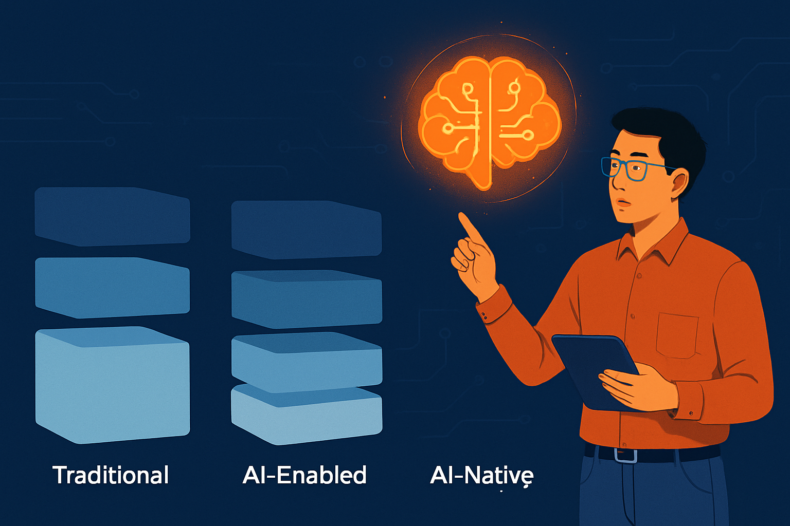 Sơ đồ so sánh doanh nghiệp truyền thống, AI-enabled và AI-native với các lớp kiến trúc hệ thống