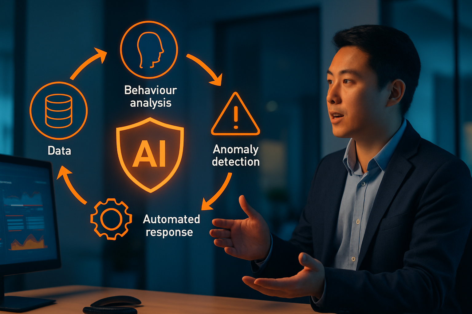 Sơ đồ minh họa quy trình hoạt động của AI bảo mật – từ thu thập dữ liệu, phân tích hành vi, phát hiện bất thường đến phản ứng tự động