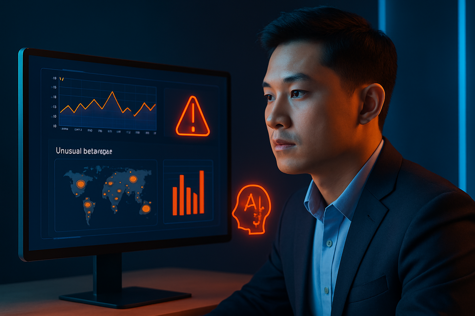 Dashboard AI bảo mật hiển thị real-time threats với biểu đồ phân tích hành vi bất thường và cảnh báo màu đỏ