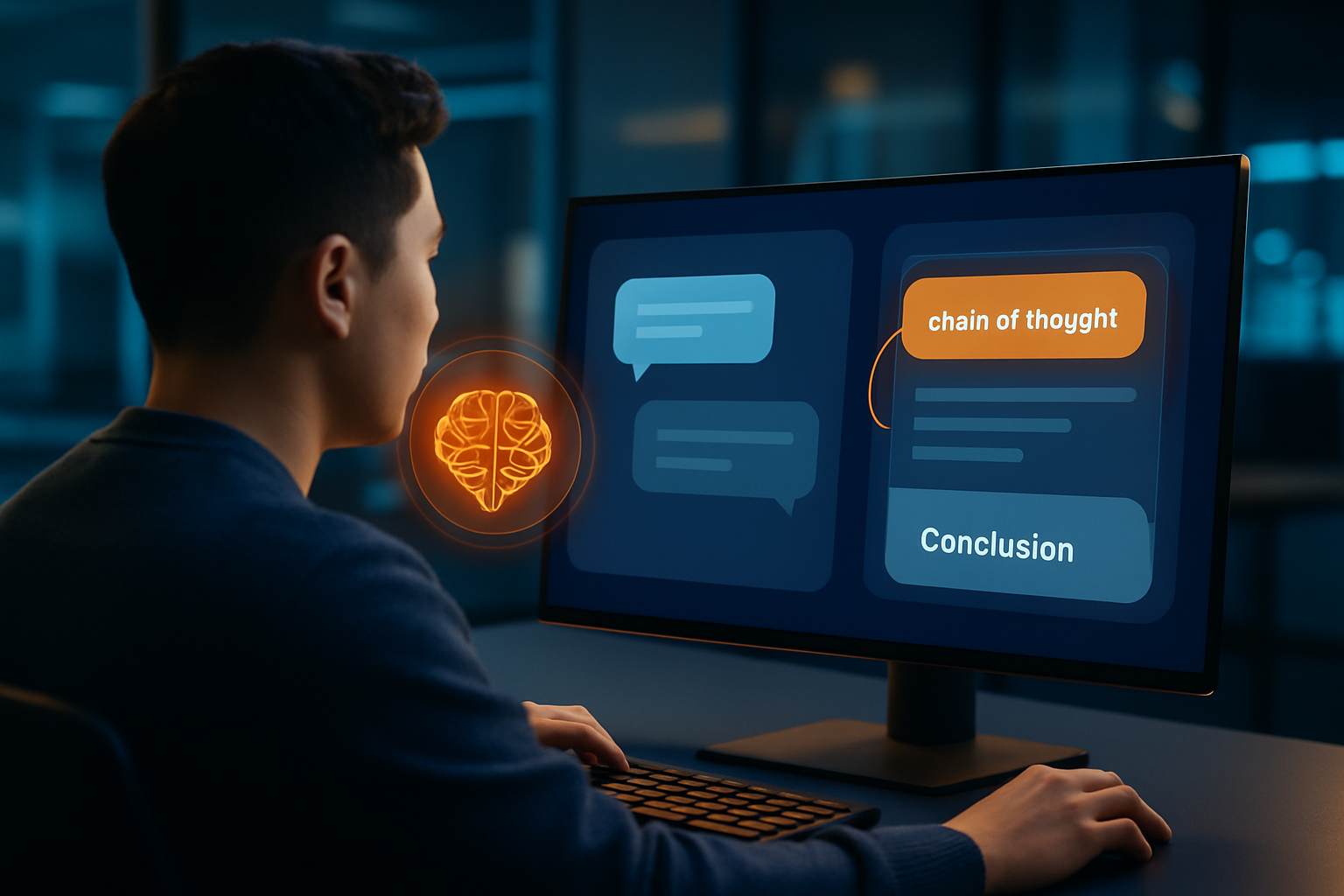 So sánh giao diện trả lời của mô hình thường và mô hình reasoning, highlight phần chain of thought