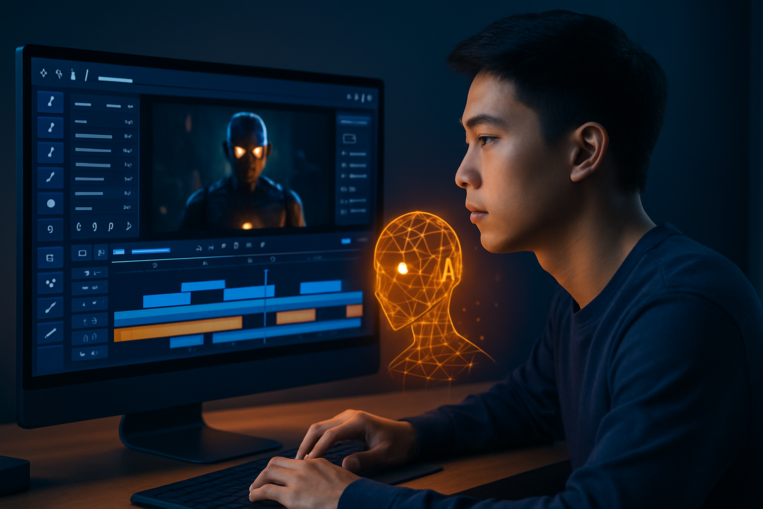 Giao diện công cụ AI làm phim với timeline dựng video và các công cụ chỉnh sửa