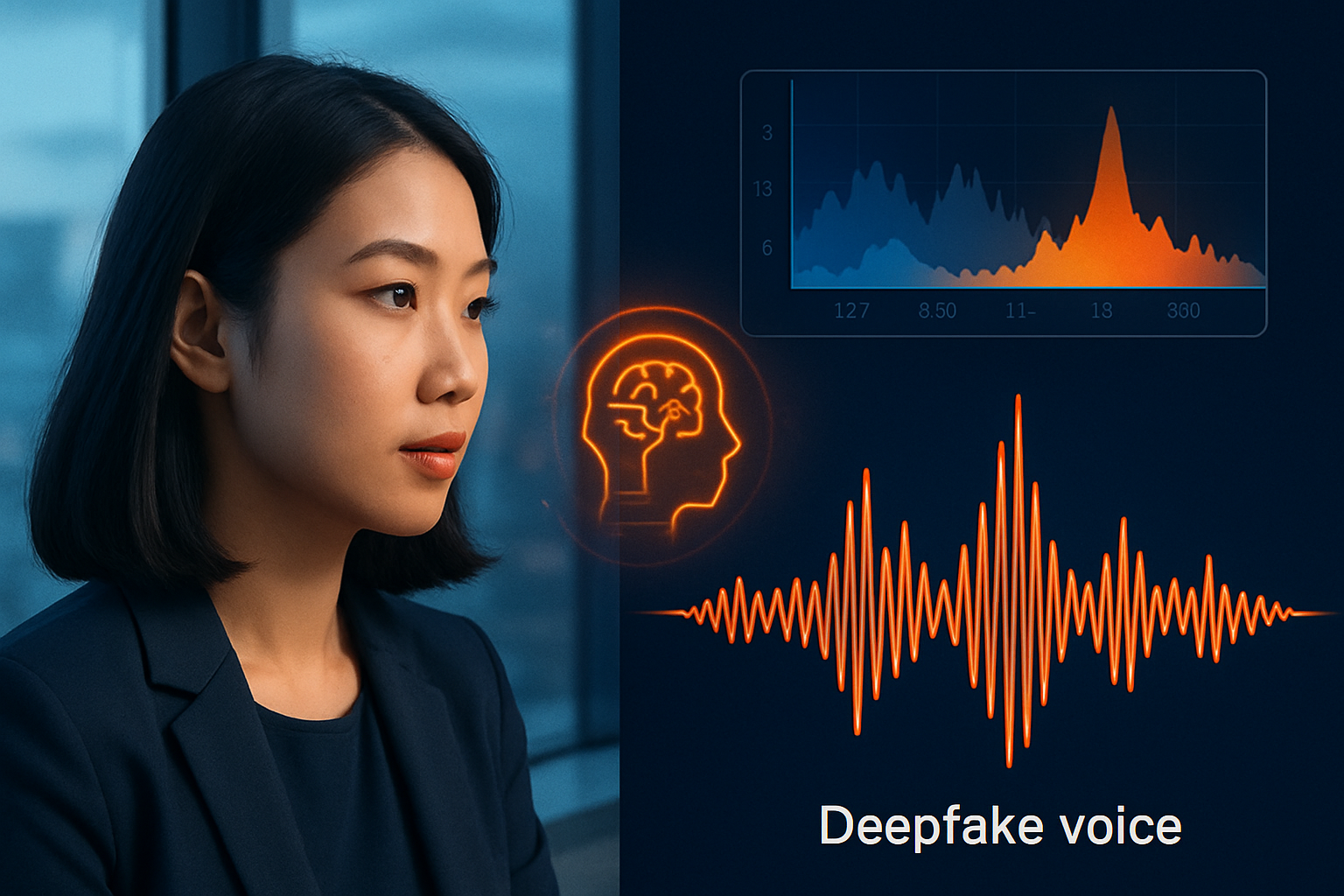 So sánh sóng âm giữa giọng nói thật và deepfake voice, với các chỉ số phân tích tần số