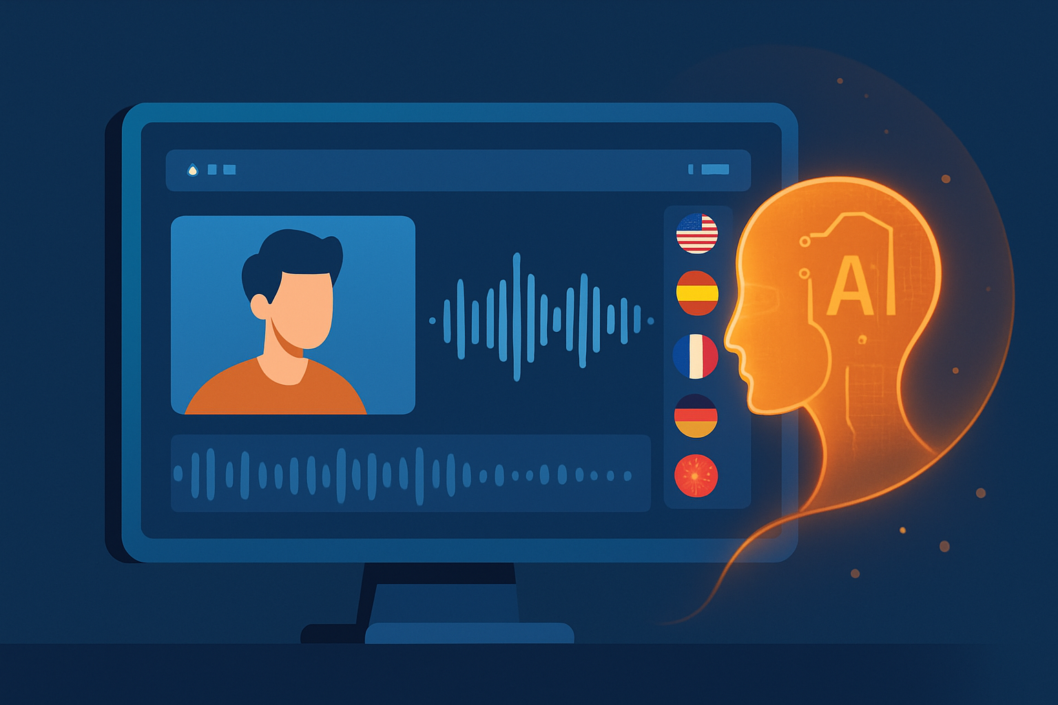 Giao diện công cụ AI dubbing đang xử lý video, hiển thị sóng âm thanh và các ngôn ngữ đích