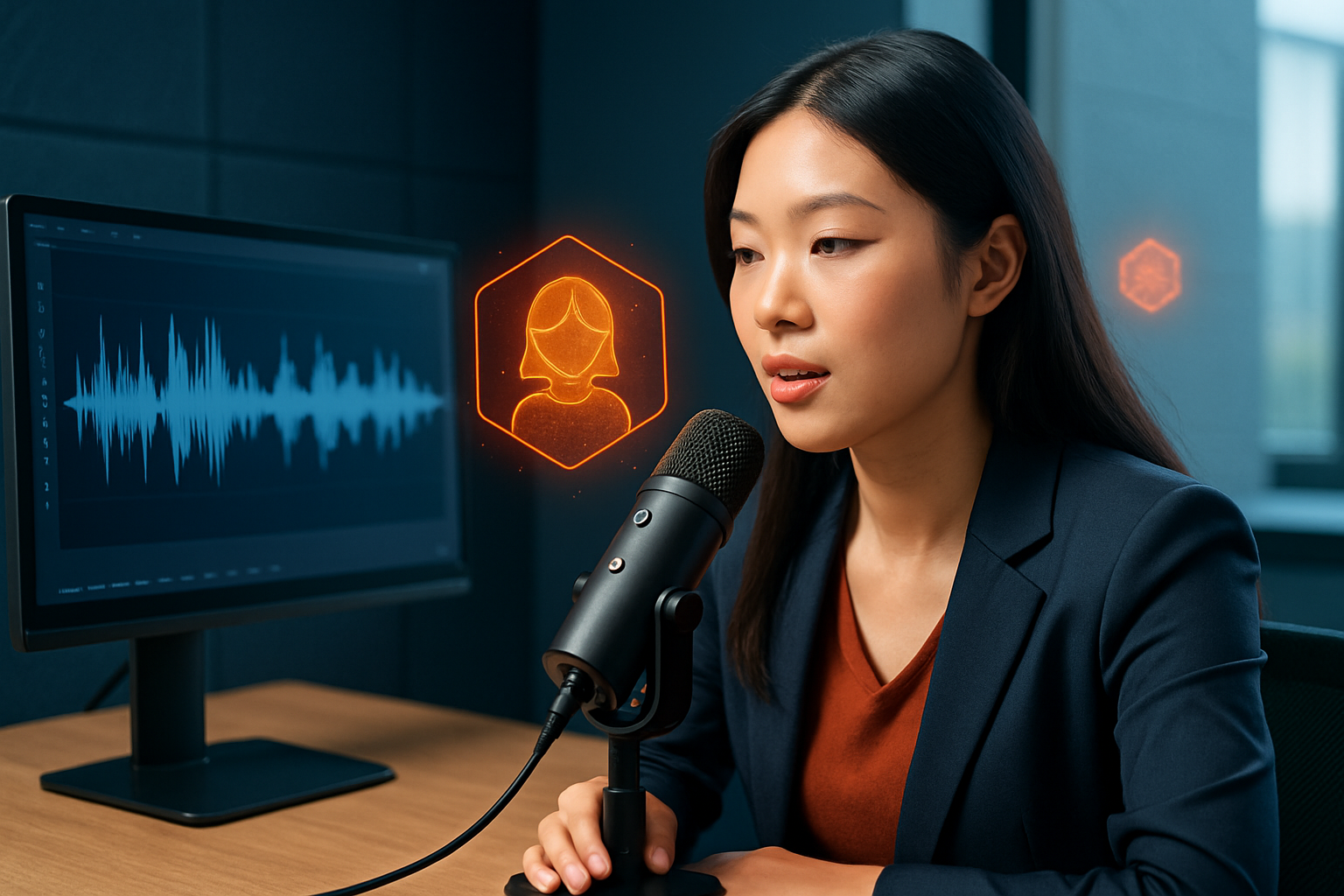Một người đang ghi âm với micro USB trong phòng kín, màn hình máy tính hiển thị waveform âm thanh trên phần mềm Audacity