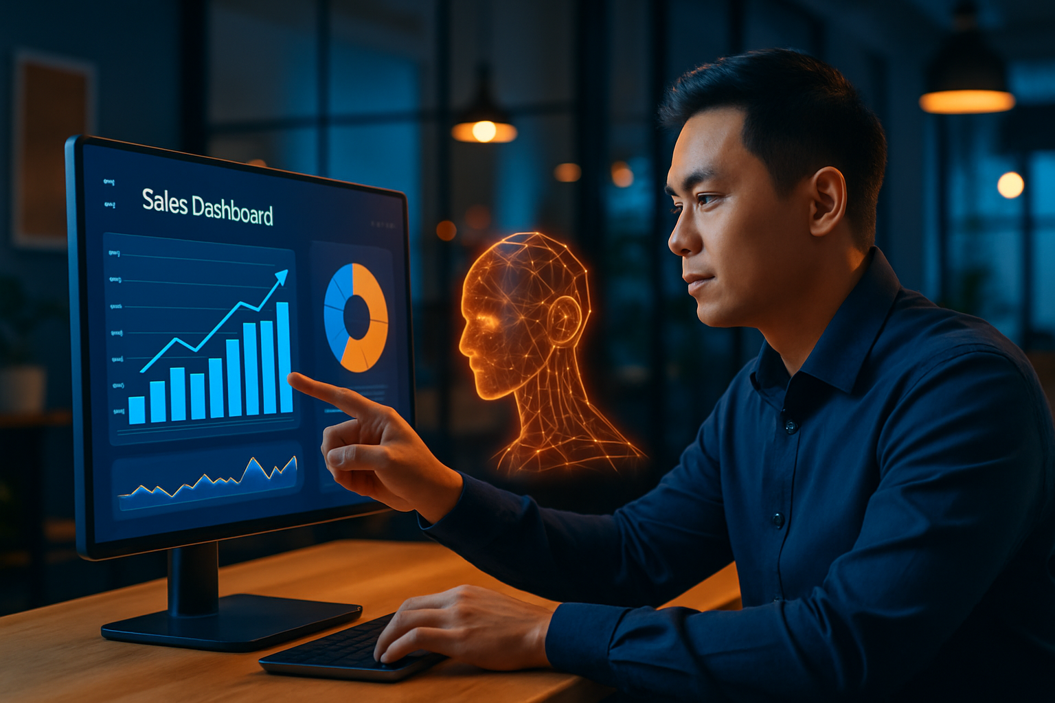 Dashboard công cụ AI bán hàng hiển thị biểu đồ doanh số và phân tích khách hàng theo thời gian thực