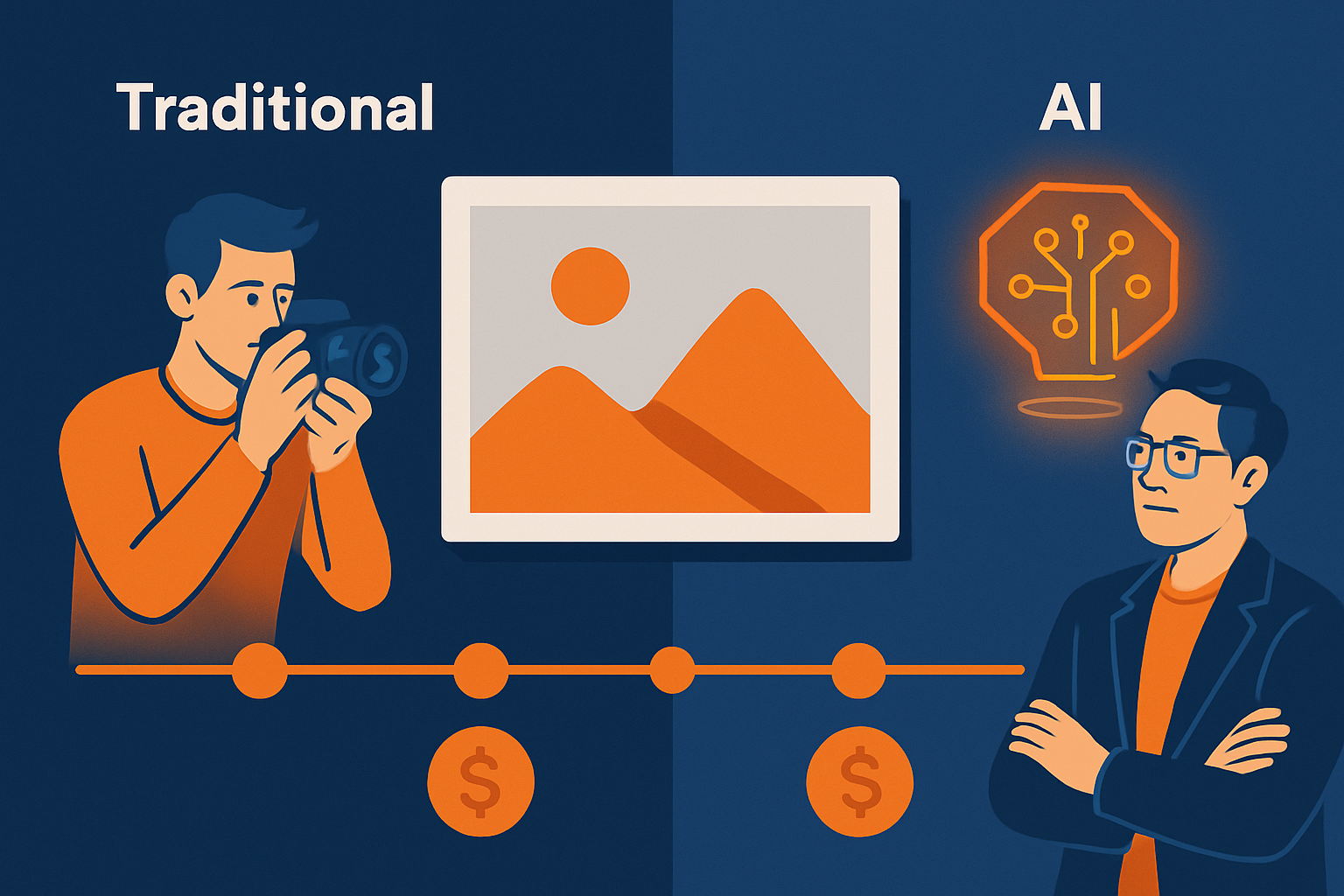 So sánh quy trình tạo ảnh truyền thống vs AI - infographic với timeline và chi phí
