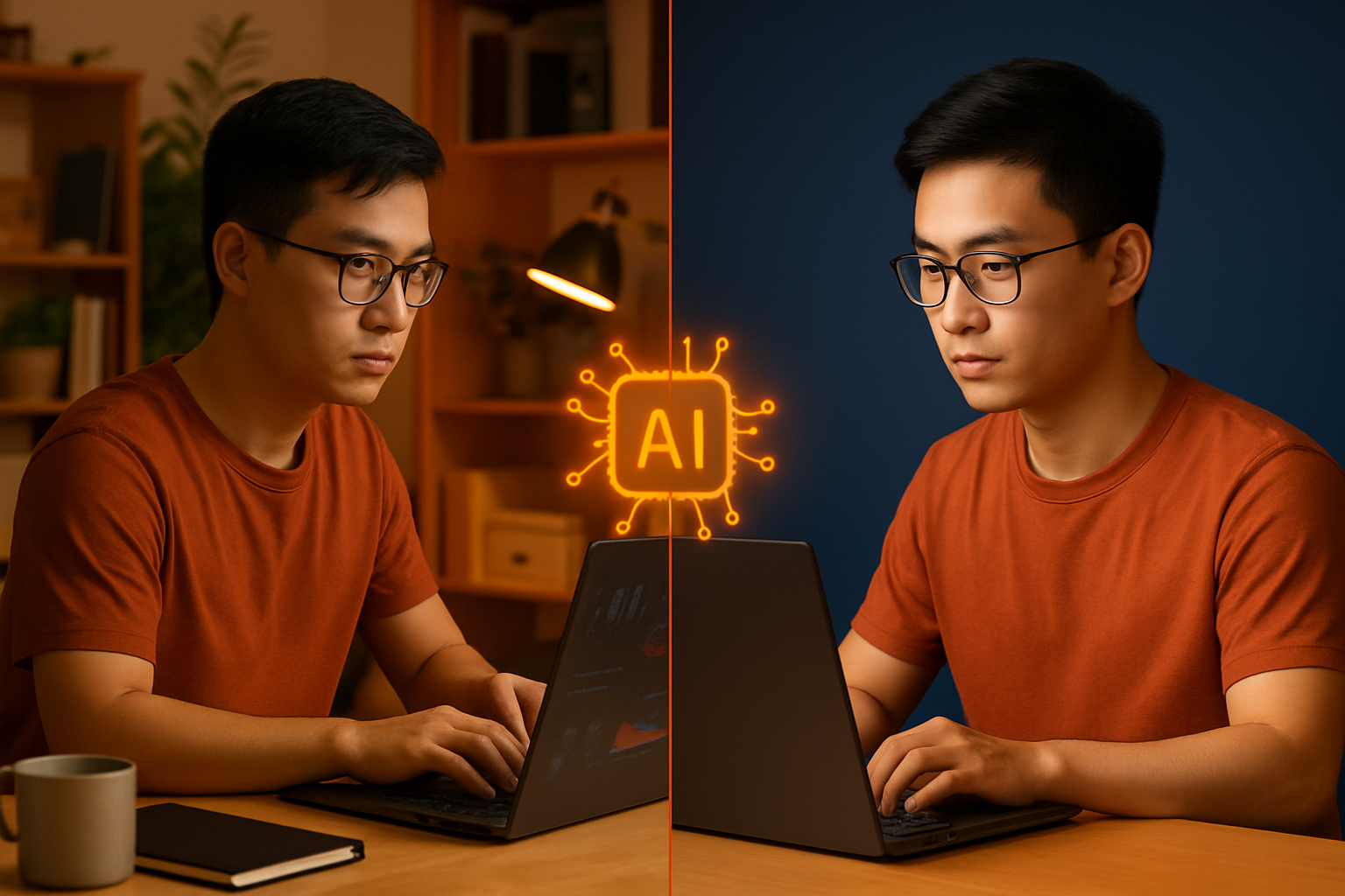 So sánh ảnh trước và sau khi dùng AI thay đổi background – một bên là ảnh sản phẩm trên nền lộn xộn, bên kia là ảnh trên nền studio chuyên nghiệp