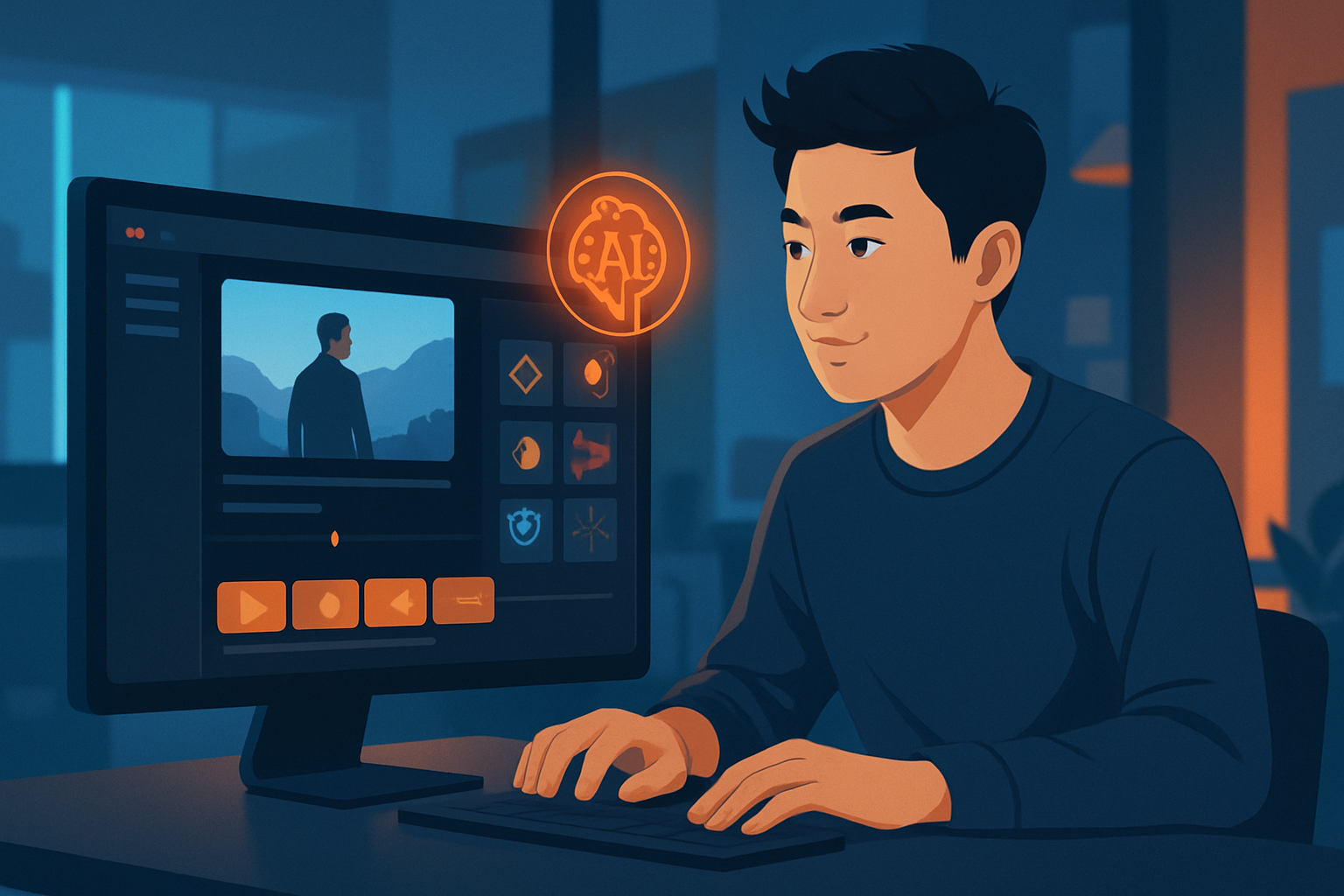 Dashboard của một dịch vụ làm phim AI hiển thị timeline tự động và các lựa chọn hiệu ứng
