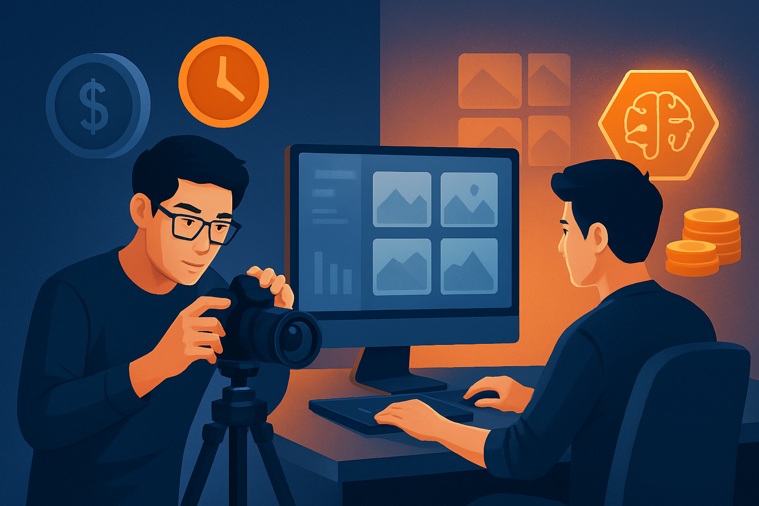 So sánh quy trình tạo ảnh truyền thống vs AI tạo ảnh hàng loạt, minh họa thời gian và chi phí