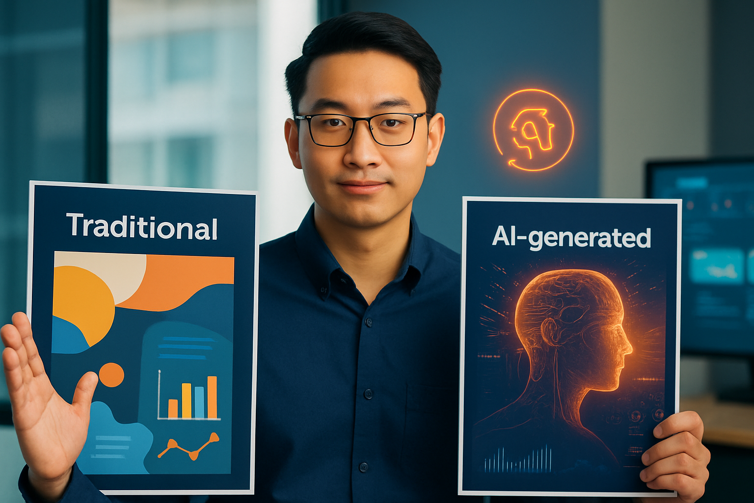 Ảnh so sánh poster truyền thống và poster do AI tạo ra, thể hiện sự chuyên nghiệp tương đương