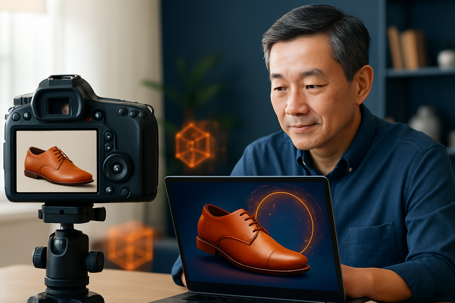 So sánh ảnh sản phẩm chụp truyền thống và ảnh tạo bằng AI product photography, thể hiện sự chuyên nghiệp tương đương