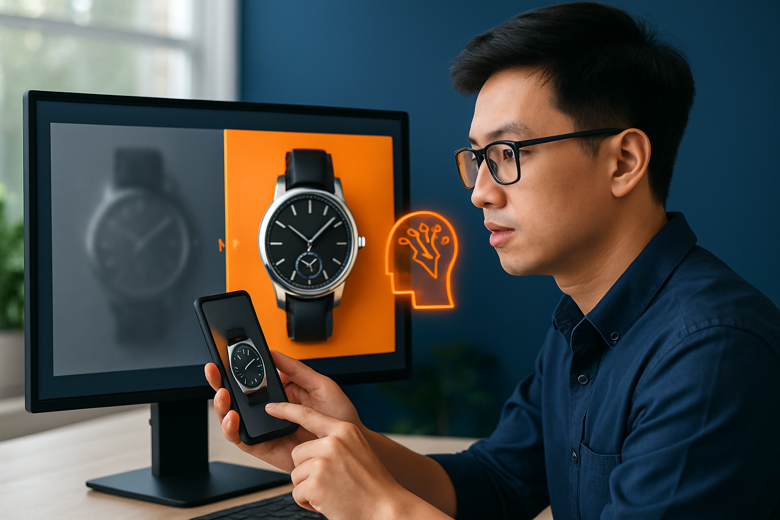 So sánh ảnh trước và sau khi dùng Claid.ai — sản phẩm đồng hồ từ ảnh mờ thành ảnh sắc nét 4K