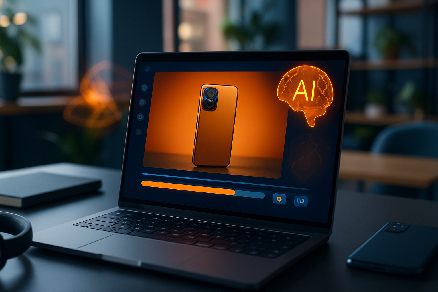 Giao diện minh họa công cụ AI video 4K đang render một video sản phẩm với độ phân giải cao, hiển thị thanh tiến trình và các tùy chọn xuất file